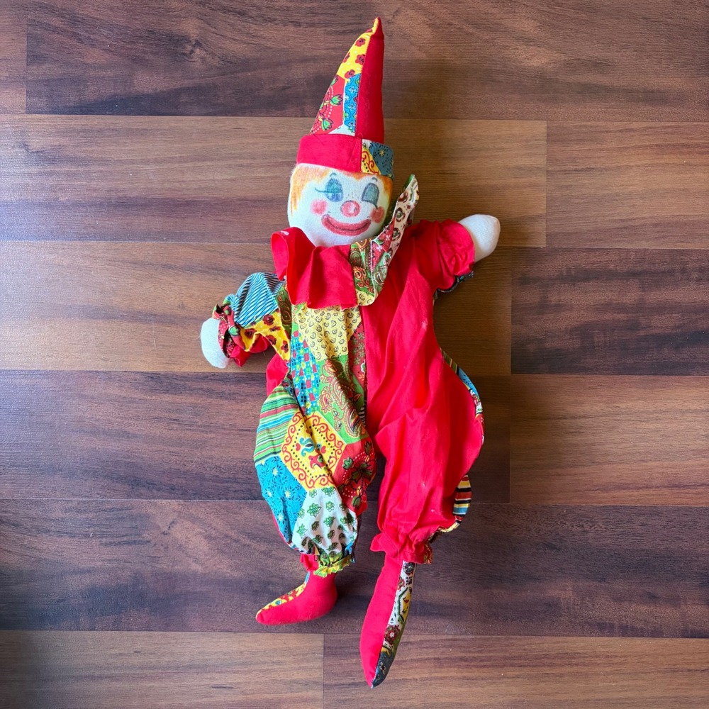 Vintage N.C. Blind Craftsmen Handmade Cloth Clown Doll Red Patchwork Folk Art